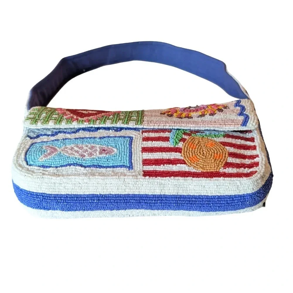 Viral Beaded America & Beyond Beaded Shoulder Bag Nautical Crab Fish Heart NWT